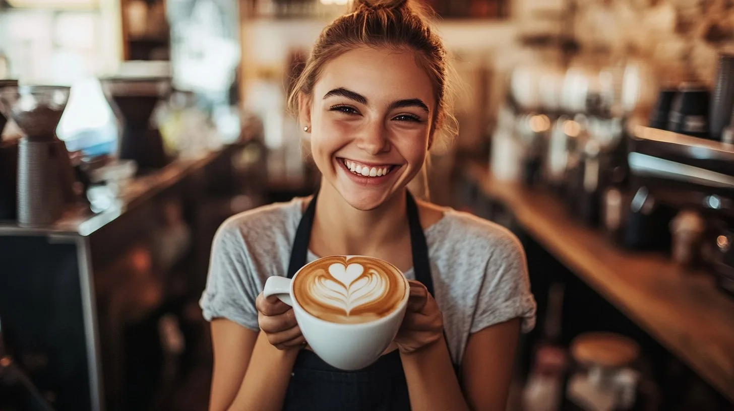 Barista sosteniendo un latte recién preparado