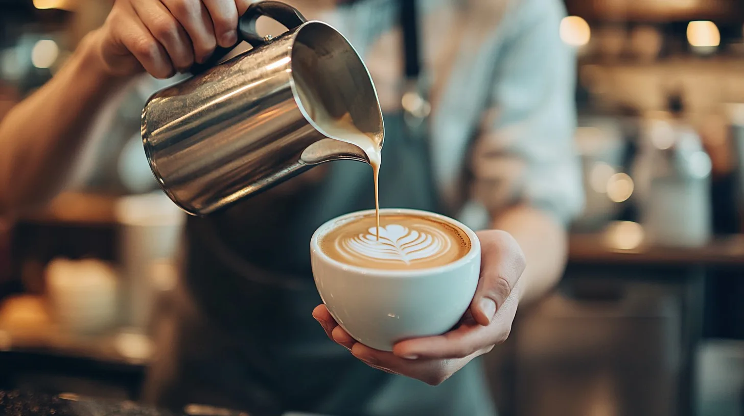 Barista vertiendo leche para crear arte latte sobre un café