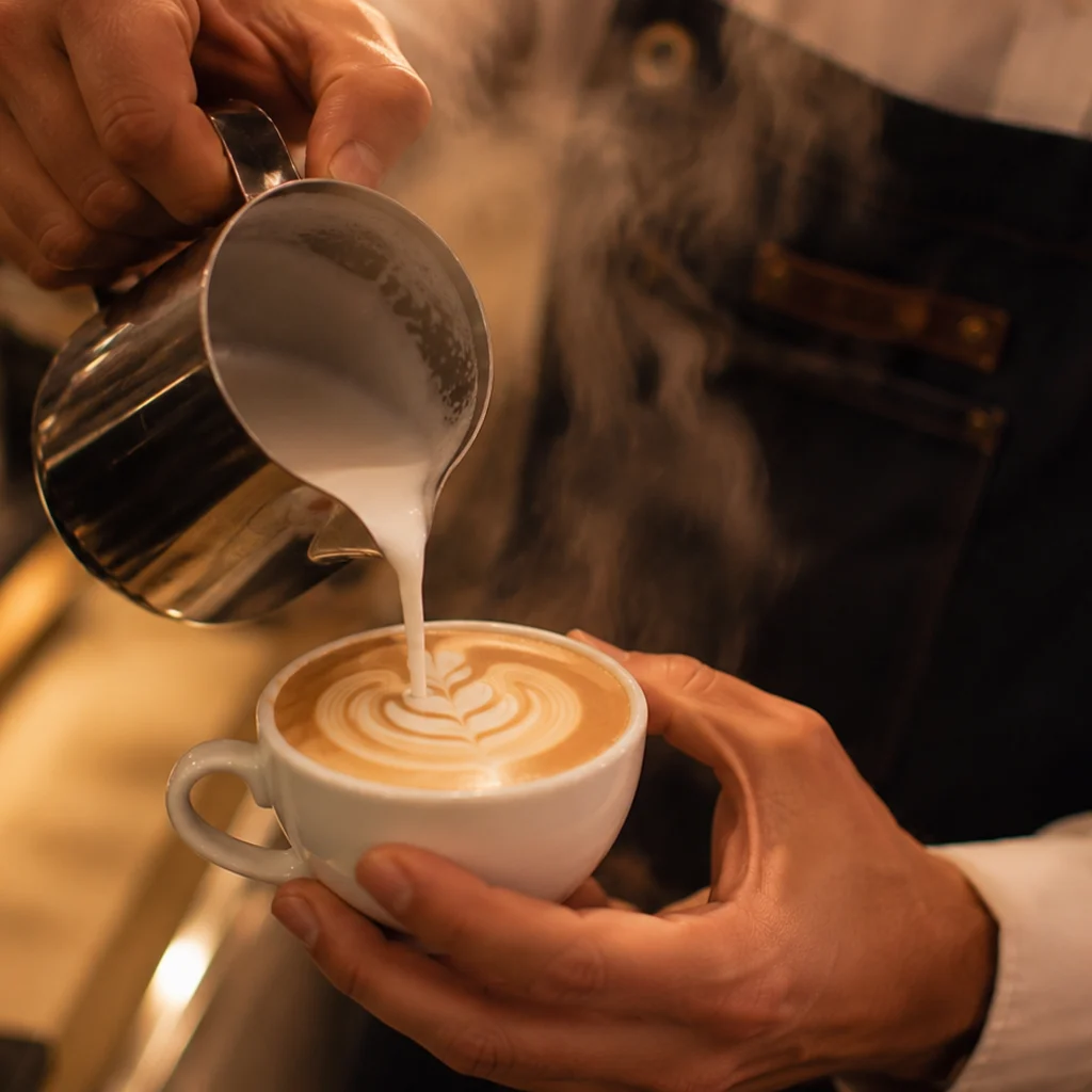 Café personalizado con impresión de logo sobre la espuma en un evento