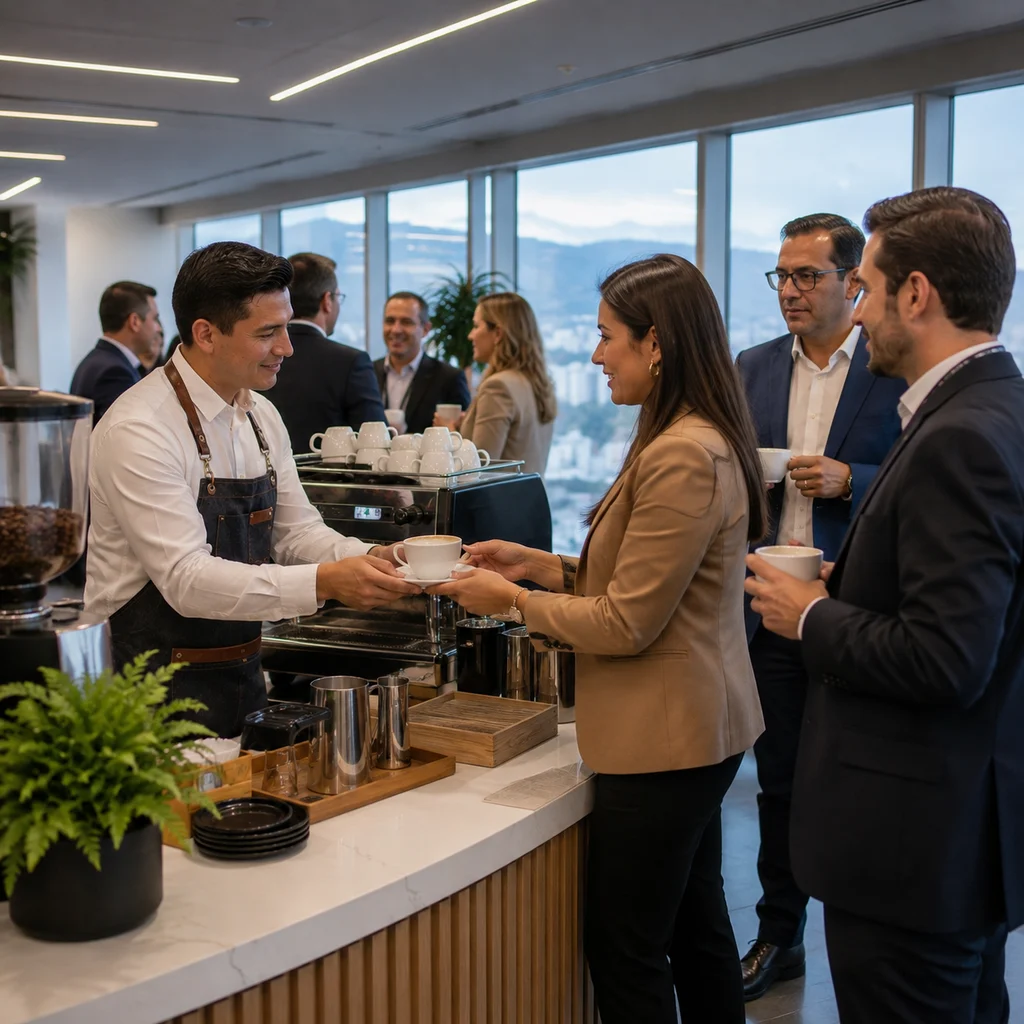 Baristas especializados dirigiendo una cata de café empresarial en Bogotá